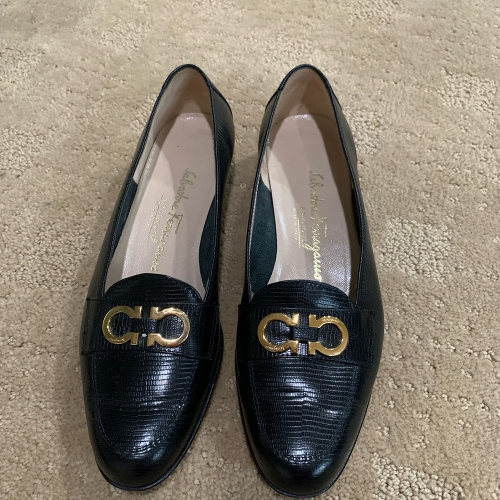 Salvatore Ferragamo Black Leather Loafers with Gold Detail